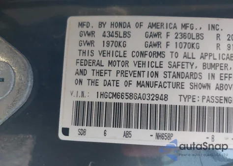 2006 Honda Accord 3.0 Ex from USA, damaged, VIN 1HGCM66586A032948